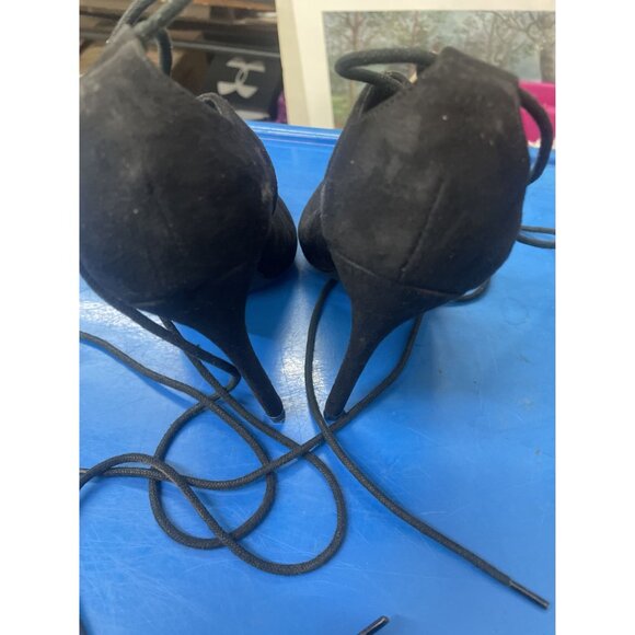 Forever 21 Black Suede Strappy Lace-Up Sandals Peep Toe Heels Size 6 - Picture 3 of 5